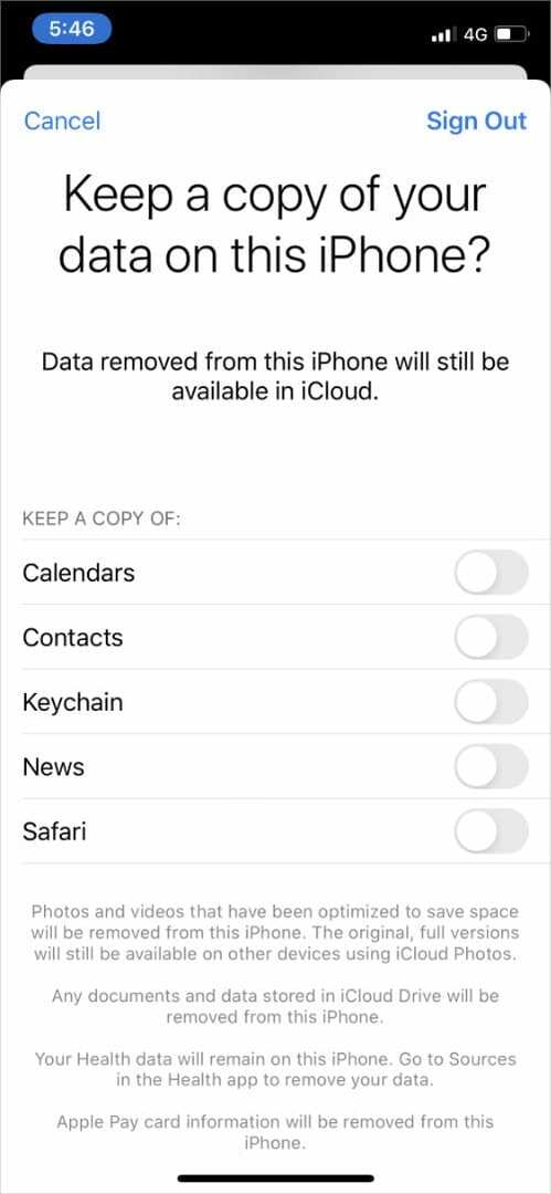 Pagina de deconectare pentru a copia datele pe iPhone