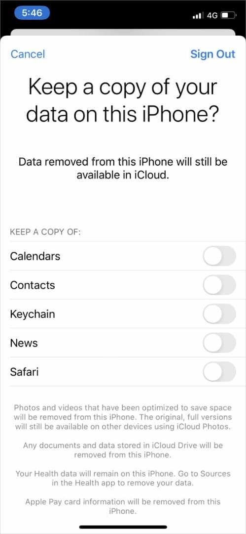 Página de logout para copiar dados no iPhone