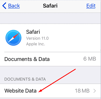 данни за уебсайтове на safari iphone