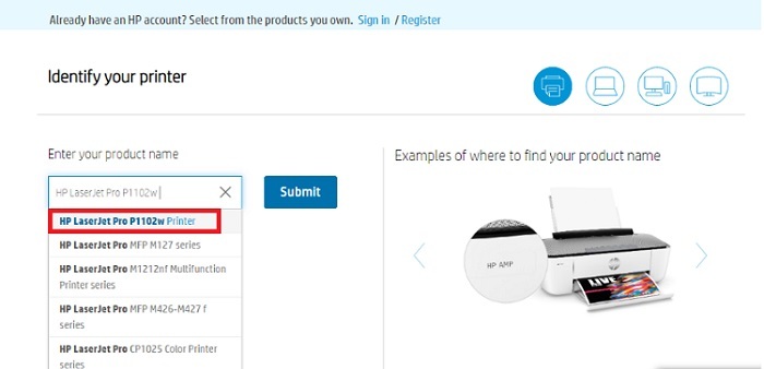 Escriba HP LaserJet P1102w en el cuadro de búsqueda