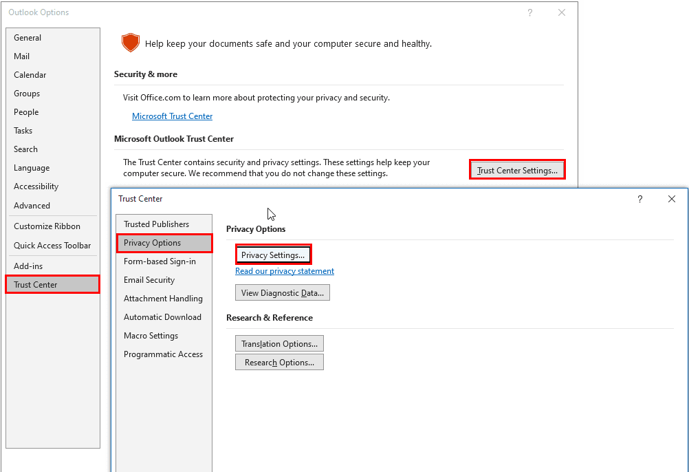 Använd Trust Center för att lösa Outlook Get Add-ins-knappen är nedtonad