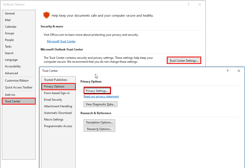 Utilizzare il Centro protezione per risolvere il problema Il pulsante Ottieni componenti aggiuntivi di Outlook è disattivato