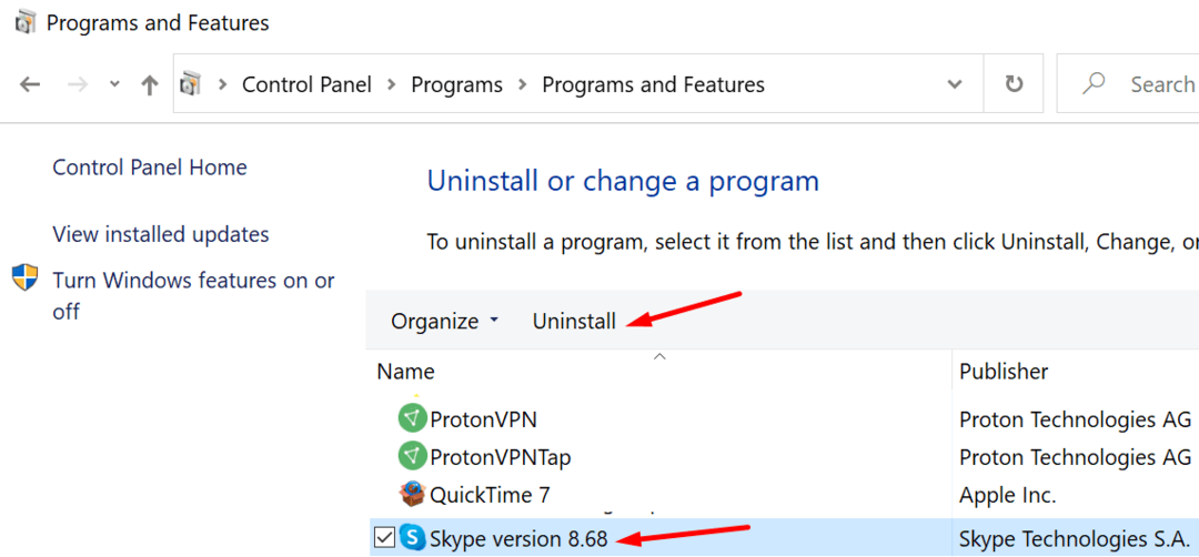 deinstalirajte skype upravljačku ploču
