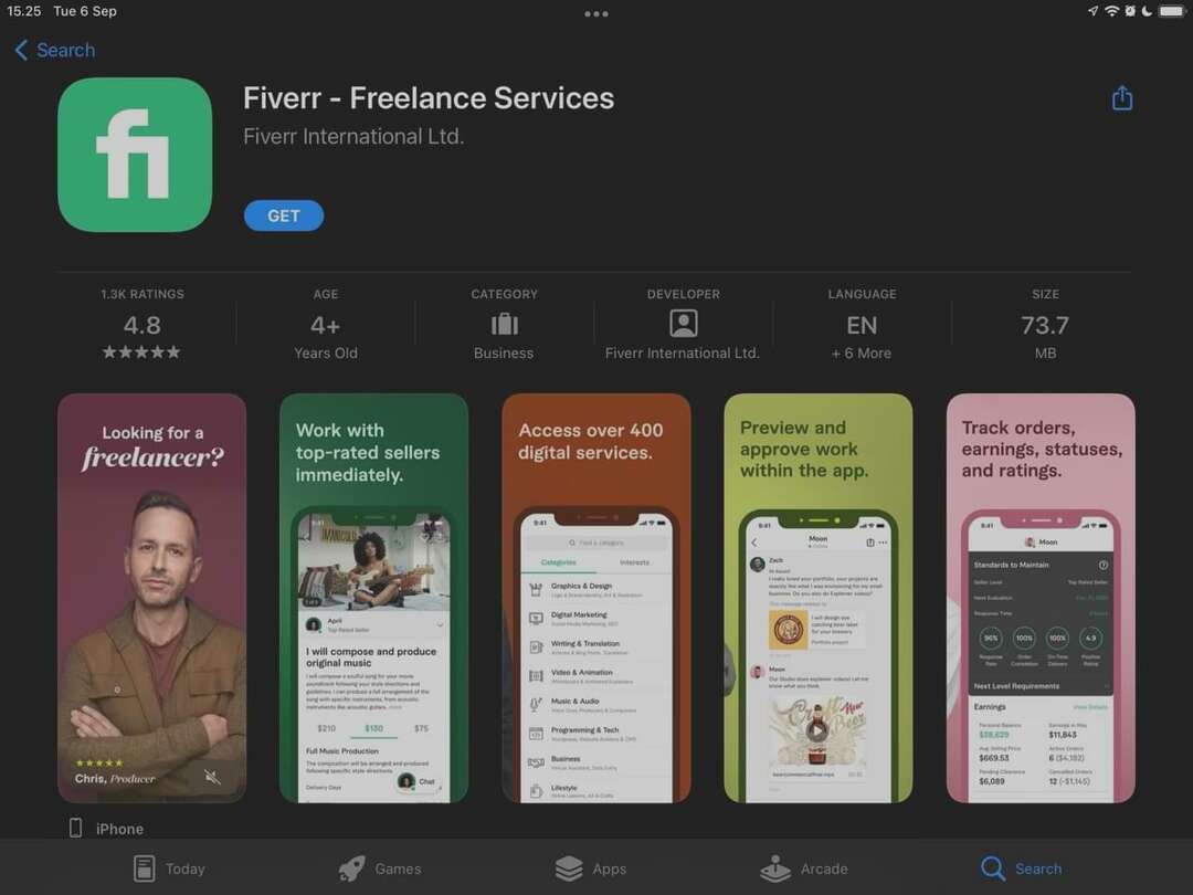 iPad ऐप स्टोर पर Fiverr ऐप का स्क्रीनशॉट