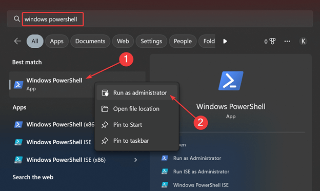 „Windows PowerShell“ (paleisti kaip administratorius)
