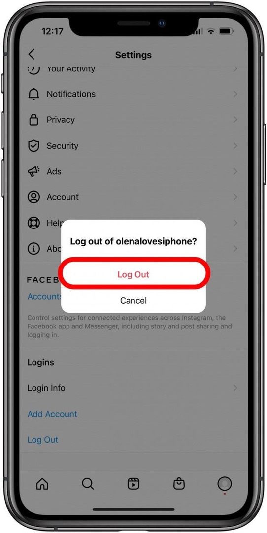 قم بتأكيد تسجيل الخروج من حساب Instagram.