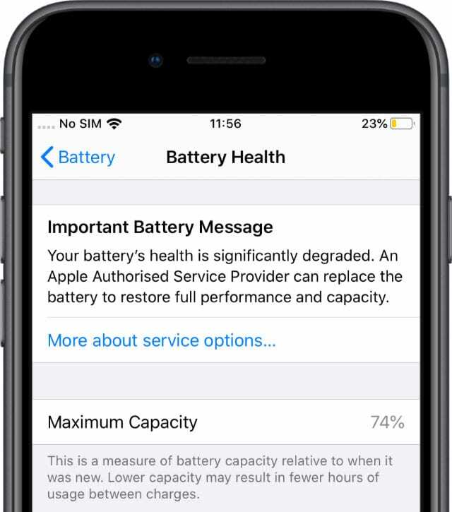 iPhone 6S एक महत्वपूर्ण बैटरी संदेश और अधिकतम क्षमता दिखा रहा है