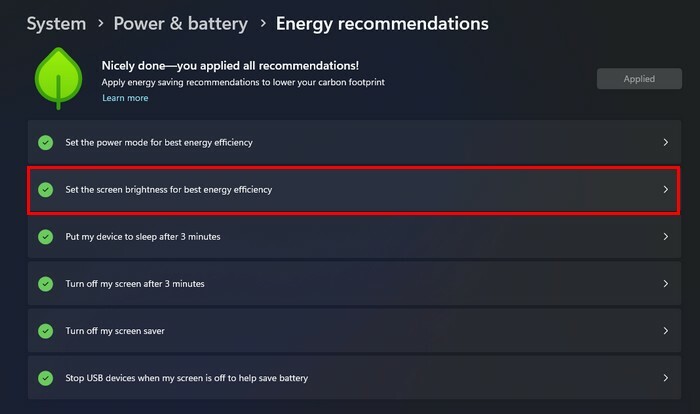 Preporuke za energiju Svjetlina zaslona Windows 11