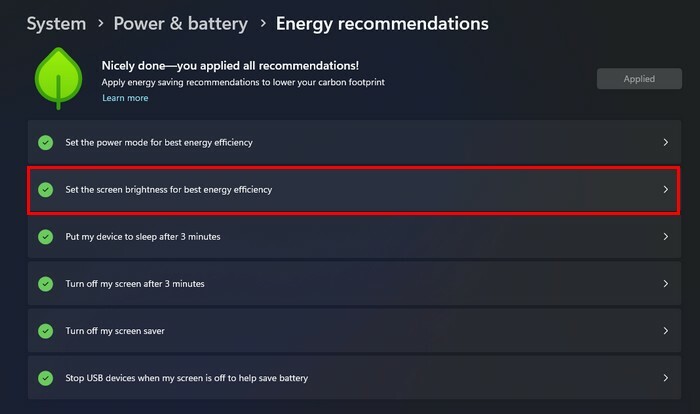 Recomendações de energia Brilho da tela Windows 11