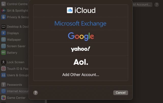 Zrzut ekranu pokazujący, jak wybrać dostawcę kont internetowych na komputerze Mac