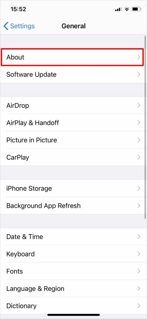 Paramètres généraux sur l'iPhone mettant en surbrillance l'option À propos