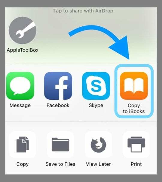 Copier vers la feuille de partage Safari iOS d'iBooks