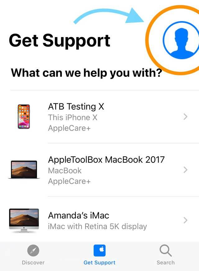 סמל פרופיל באפליקציית התמיכה של Apple