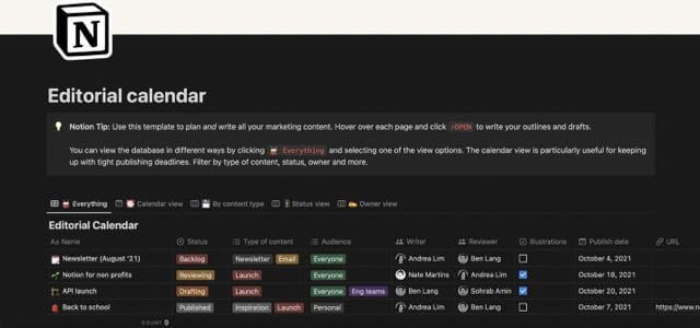 Screenshot eines Redaktionskalenders in notion