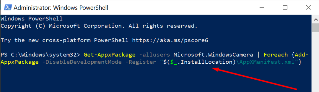 ลงทะเบียน powershell แอพกล้องใหม่