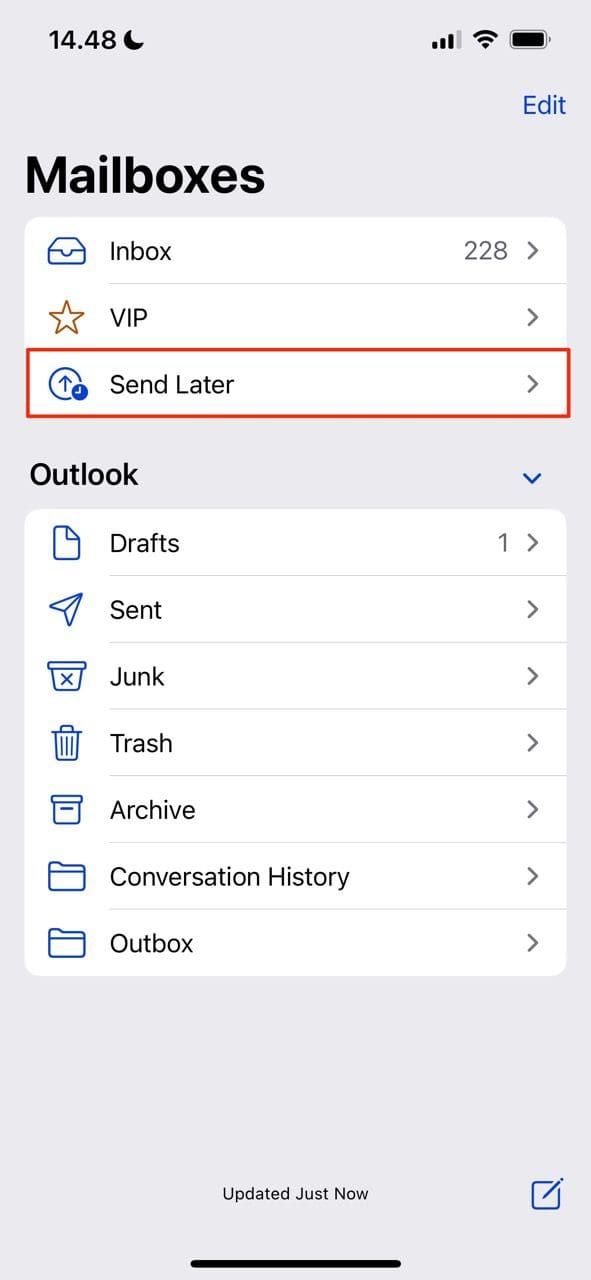Screenshot che mostra la scheda Invia dopo in iOS
