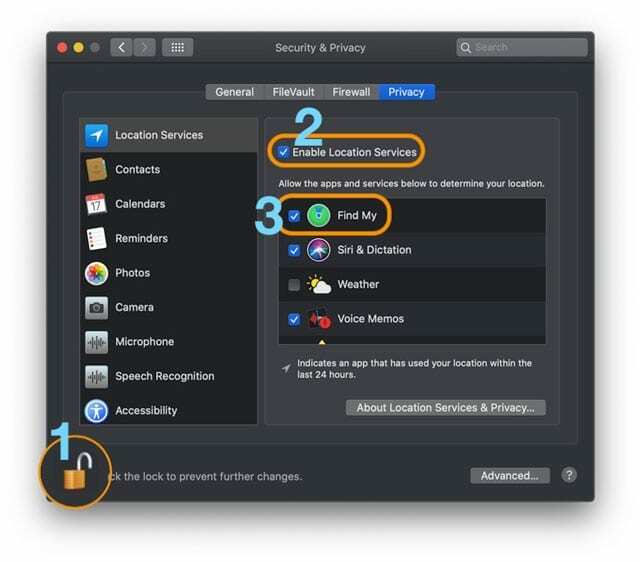 Najít nastavení služeb určování polohy Můj Mac