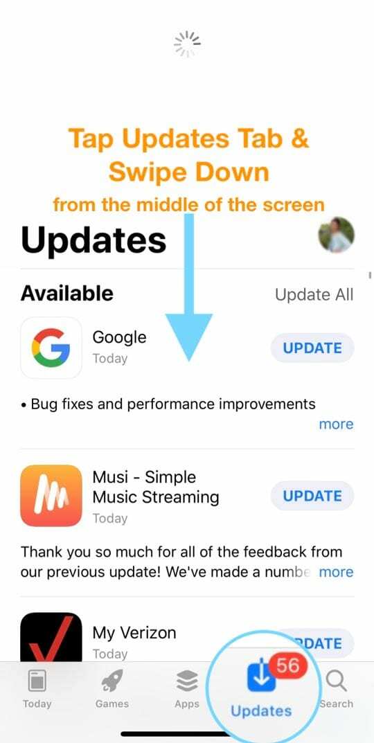 आईओएस आईफोन पर अपडेट टैब के माध्यम से ऐप स्टोर को रीफ्रेश करें