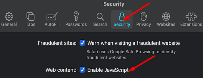 safari javascript ayarları