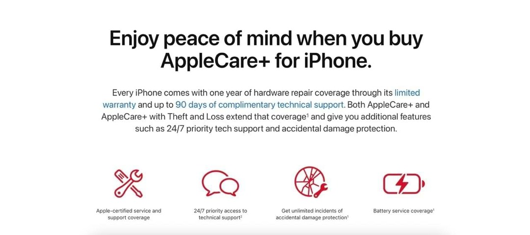 Captura de tela da página Apple Care Plus