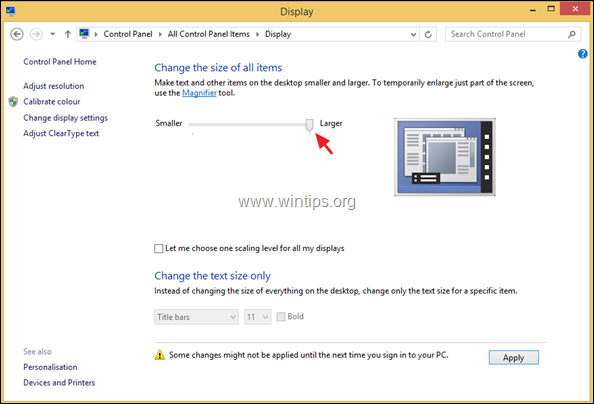 povečati velikost besedila Windows 8