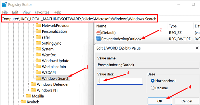 Zapobiegaj indeksowaniuOutlook-Registry-Editor-Windows