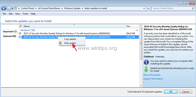 ซ่อนการอัปเดตใน Windows 7