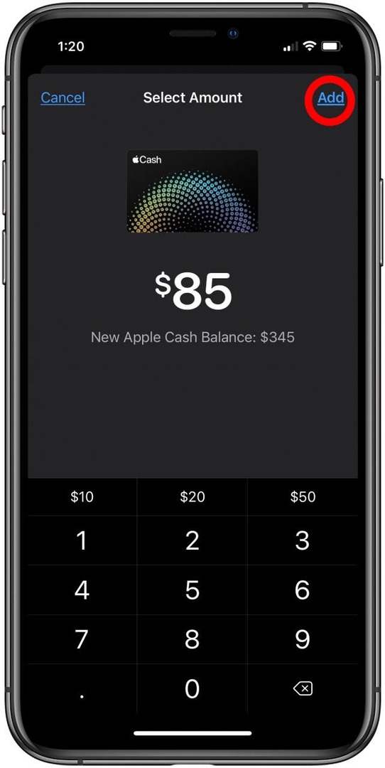 შეეხეთ apple cash-ის დამატებას