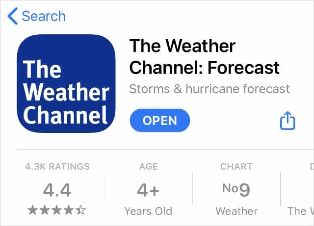 A Weather Channel alkalmazás az App Store-ban