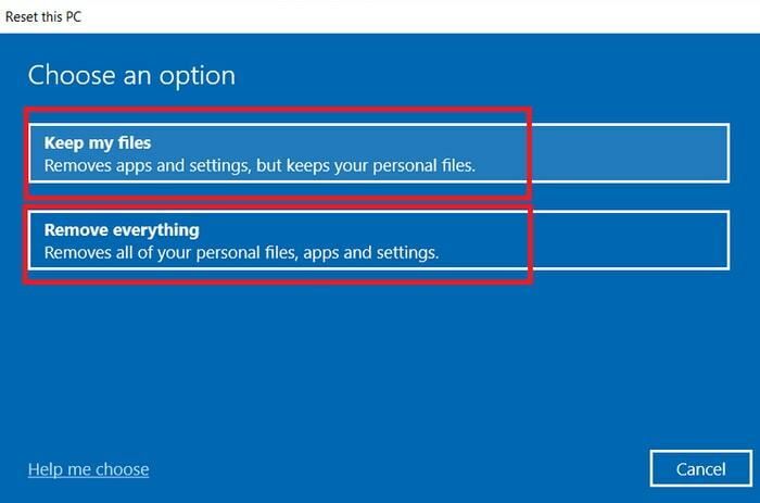 válassza a Fájlok megtartása vagy a Minden eltávolítása lehetőséget
