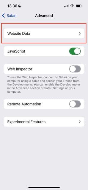 Websitegegevensoptie in Safari Screenshot