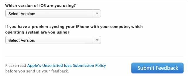 iOS- og macOS-versions rullemenuer fra Apple Feedback og Bug Report-webstedet