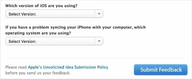 iOS- og macOS-versjon rullegardinmenyer fra Apple Feedback og Bug Report-nettstedet