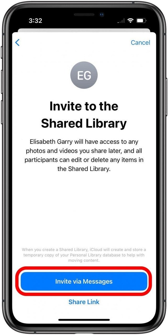 Ρύθμιση Κοινόχρηστης βιβλιοθήκης φωτογραφιών στην οθόνη Πρόσκληση στην Κοινόχρηστη βιβλιοθήκη με το κουμπί Πρόσκληση μέσω μηνυμάτων επισημασμένο.