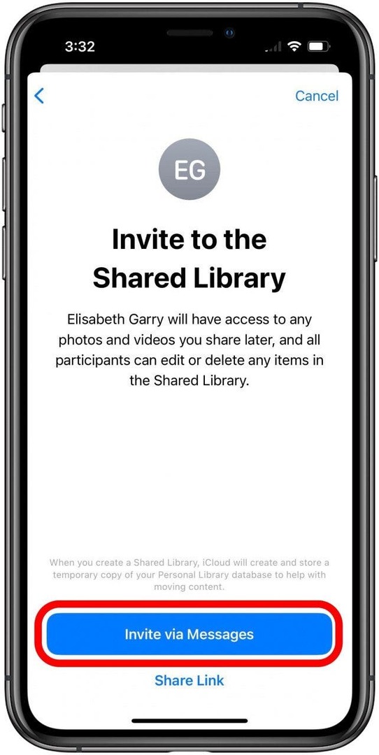 Inställning av delat fotobibliotek på skärmen Bjud in till det delade biblioteket med knappen Bjud in via meddelanden markerad.