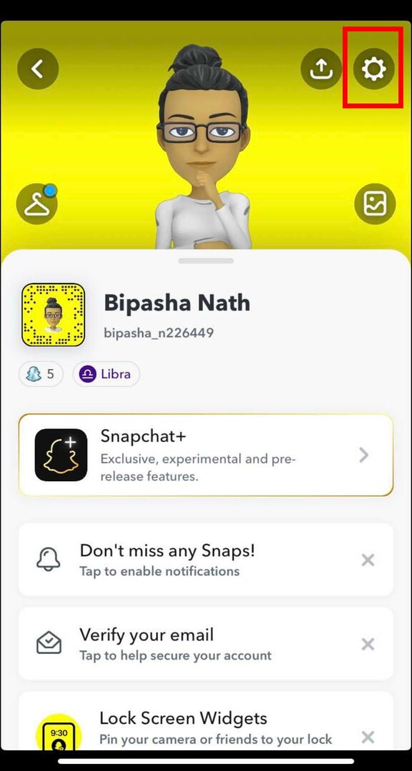 Snapchatの設定アイコンをタップ