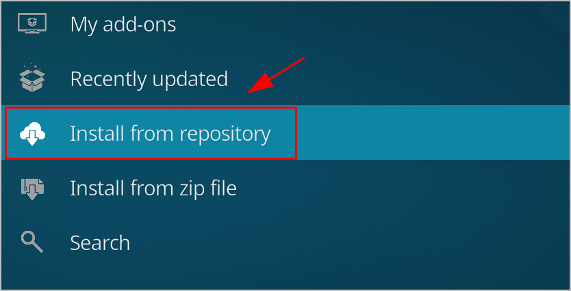 Depois disso, navegue até Instalar do Repositório e, em seguida, até o Repositório Kodi Bae.