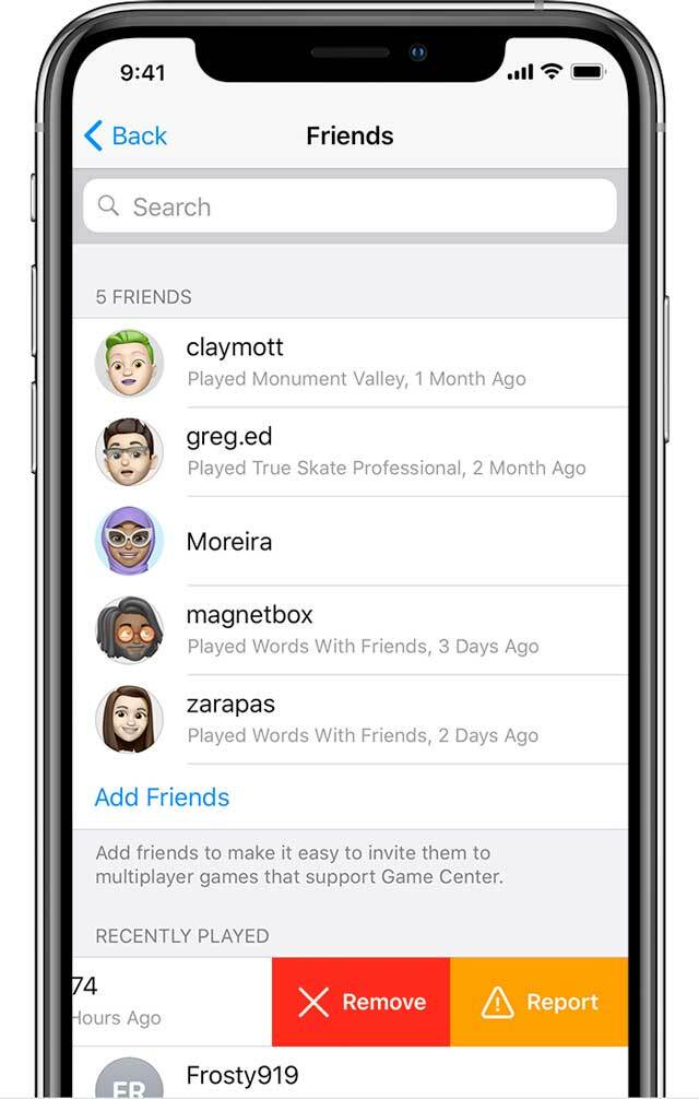 iPhone पर गेम सेंटर के खिलाड़ियों को जोड़ें, हटाएं या रिपोर्ट करें