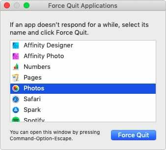 Вікно примусового виходу в програмі «Фотографії» для macOS