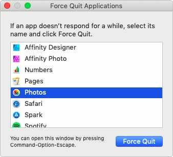 Force Quit prozor u aplikaciji Fotografije za označavanje macOS-a