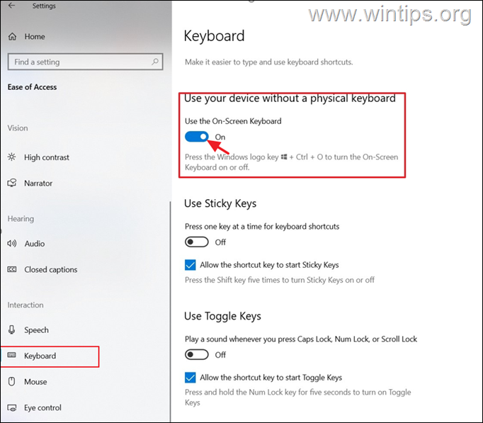 Kaip įjungti-išjungti ekraninę klaviatūrą „Windows 10“.