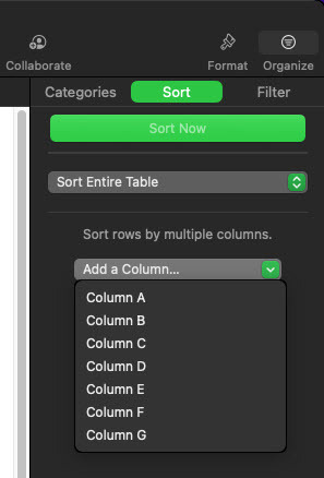 Il menu Ordina e filtra di Numbers