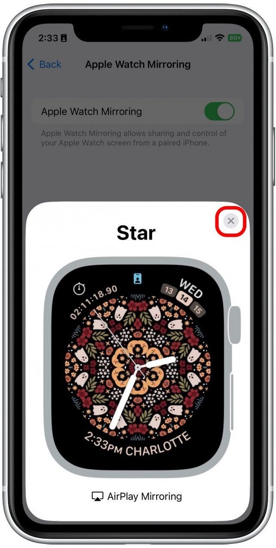 Apple Watch Mirroring'i kapatmak için köşedeki 