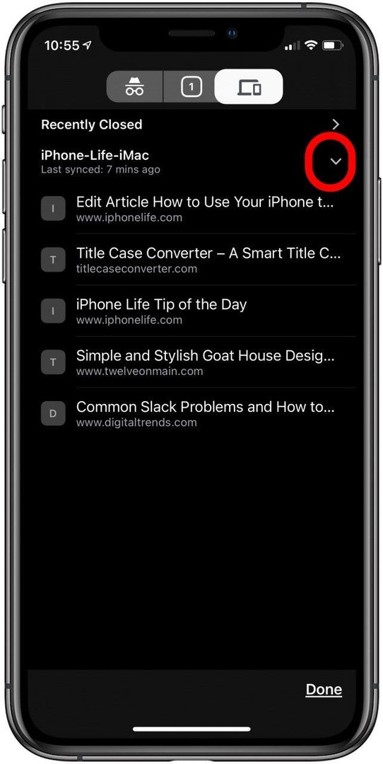 Tippen Sie auf den Pfeil, um die von Ihrem synchronisierten Mac besuchten URLs anzuzeigen