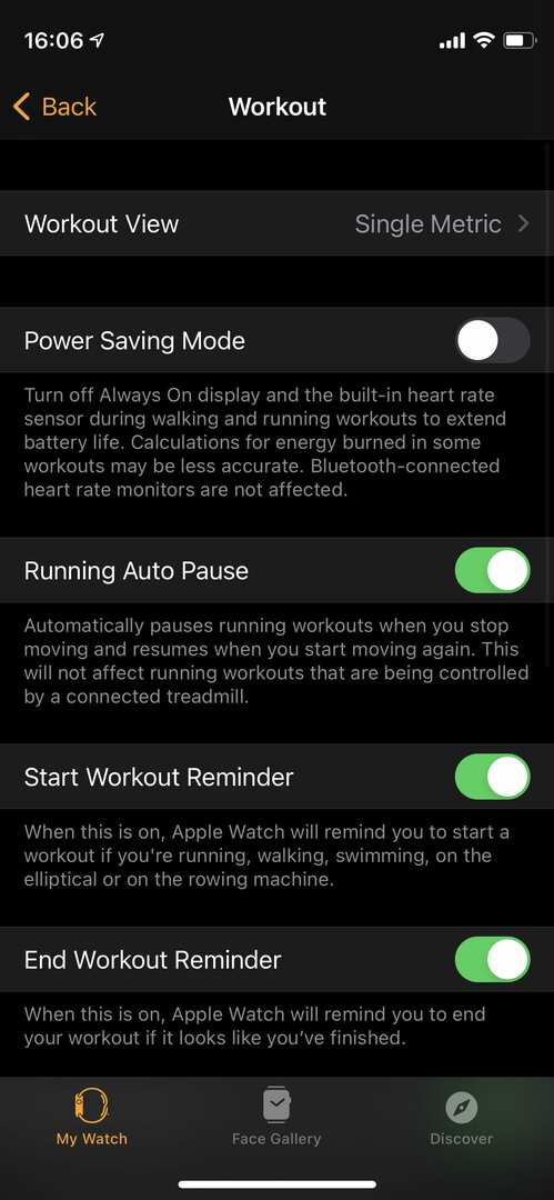 Nastavitve vadbe za Apple Watch.