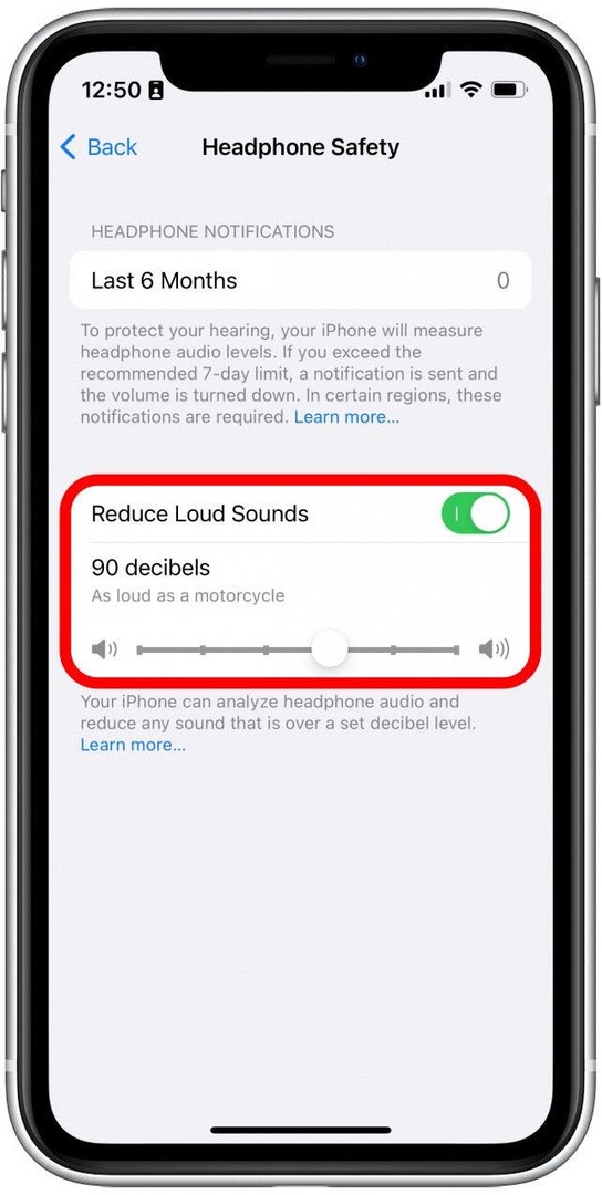 Εάν η εναλλαγή Reduce Loud Sounds είναι πράσινη, αυτό σημαίνει ότι αυτή η λειτουργία είναι ενεργοποιημένη.