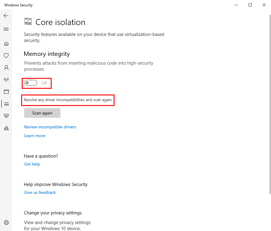La integridad de la memoria está desactivada Error de Windows 11