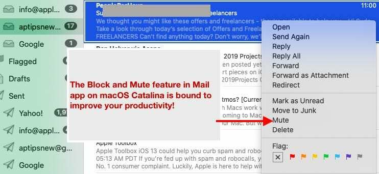 Aplikacija za pošto v macOS Catalina funkciji za izklop zvoka