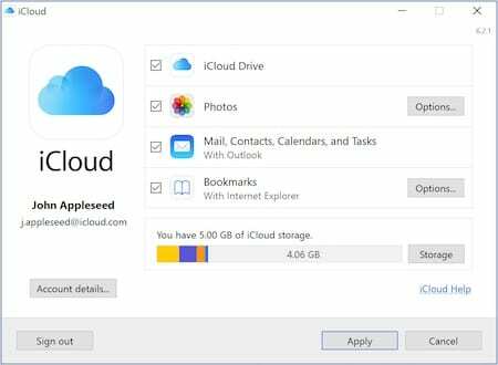 Schermata di iCloud per Windows