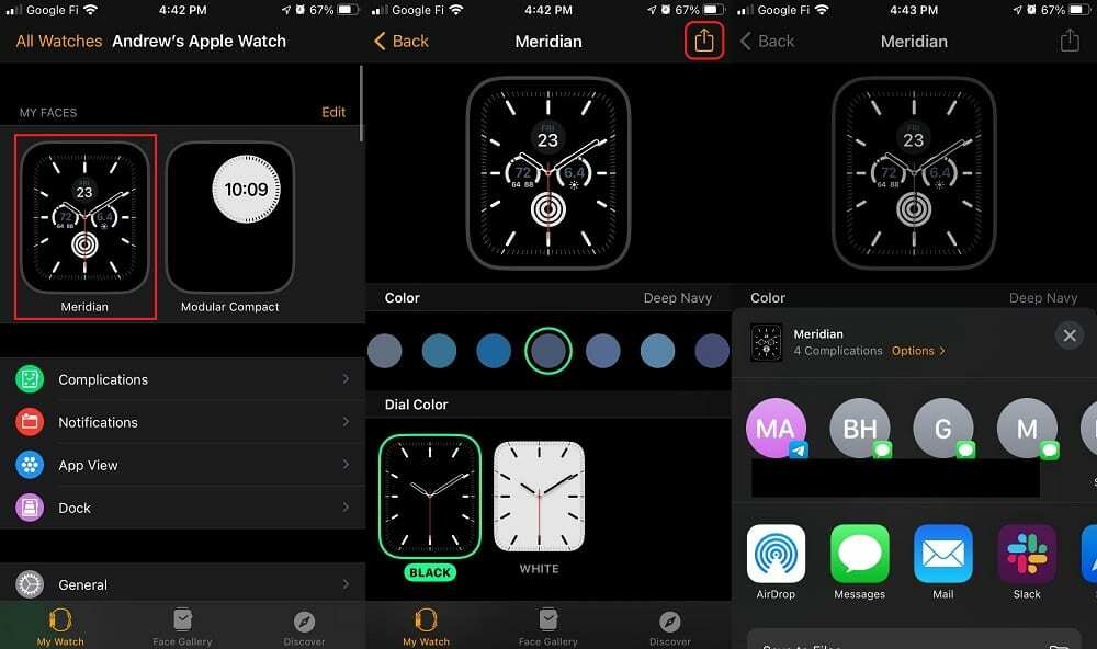 Споделете Watch Face от приложението Watch за iPhone